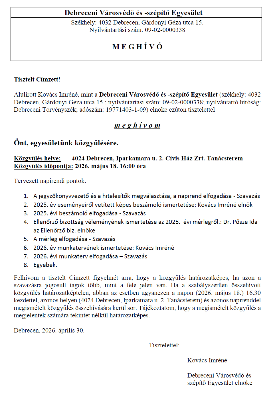 Városvédő közgyűlés 2026